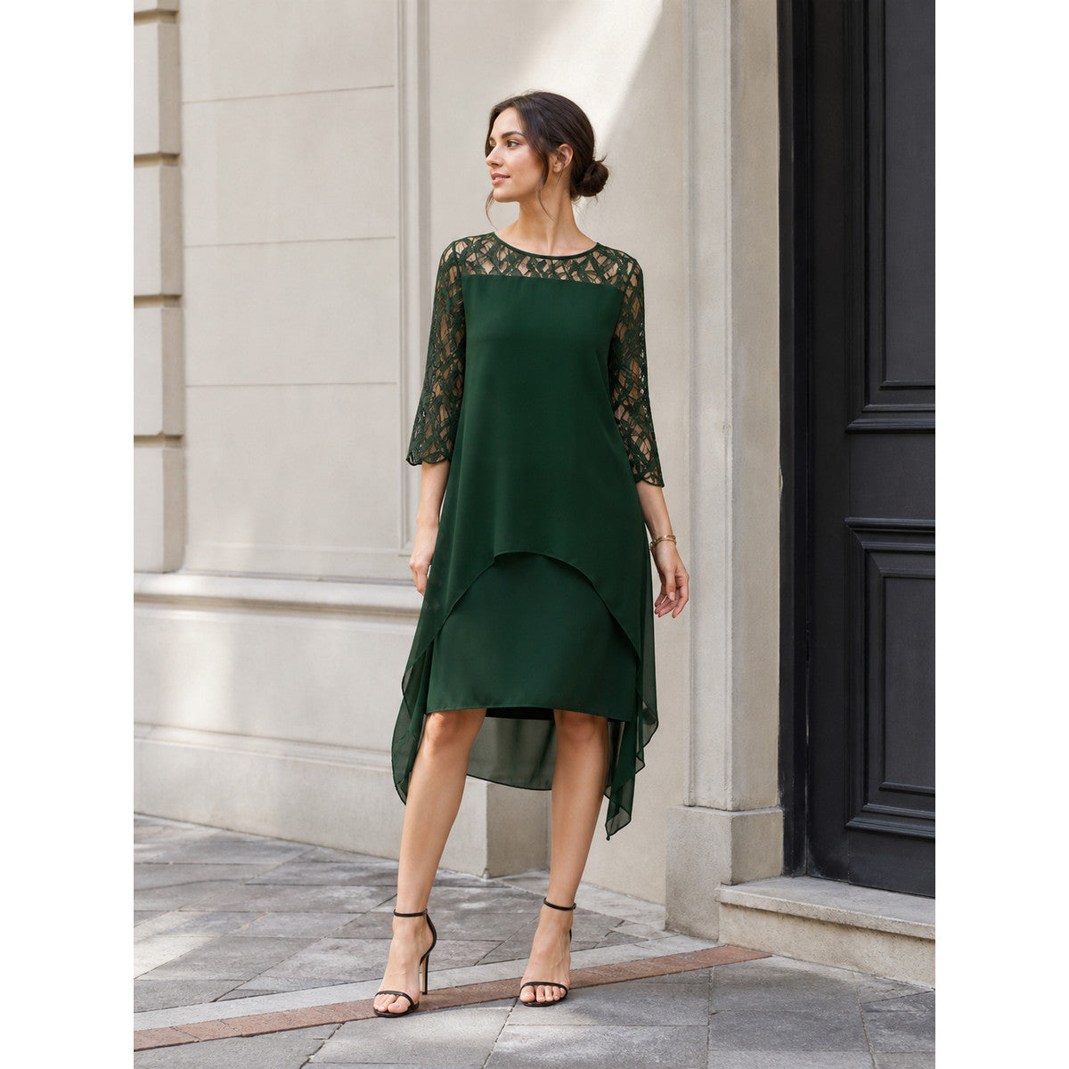 Dress with Lace Inserts and an Asymmetrical Hem