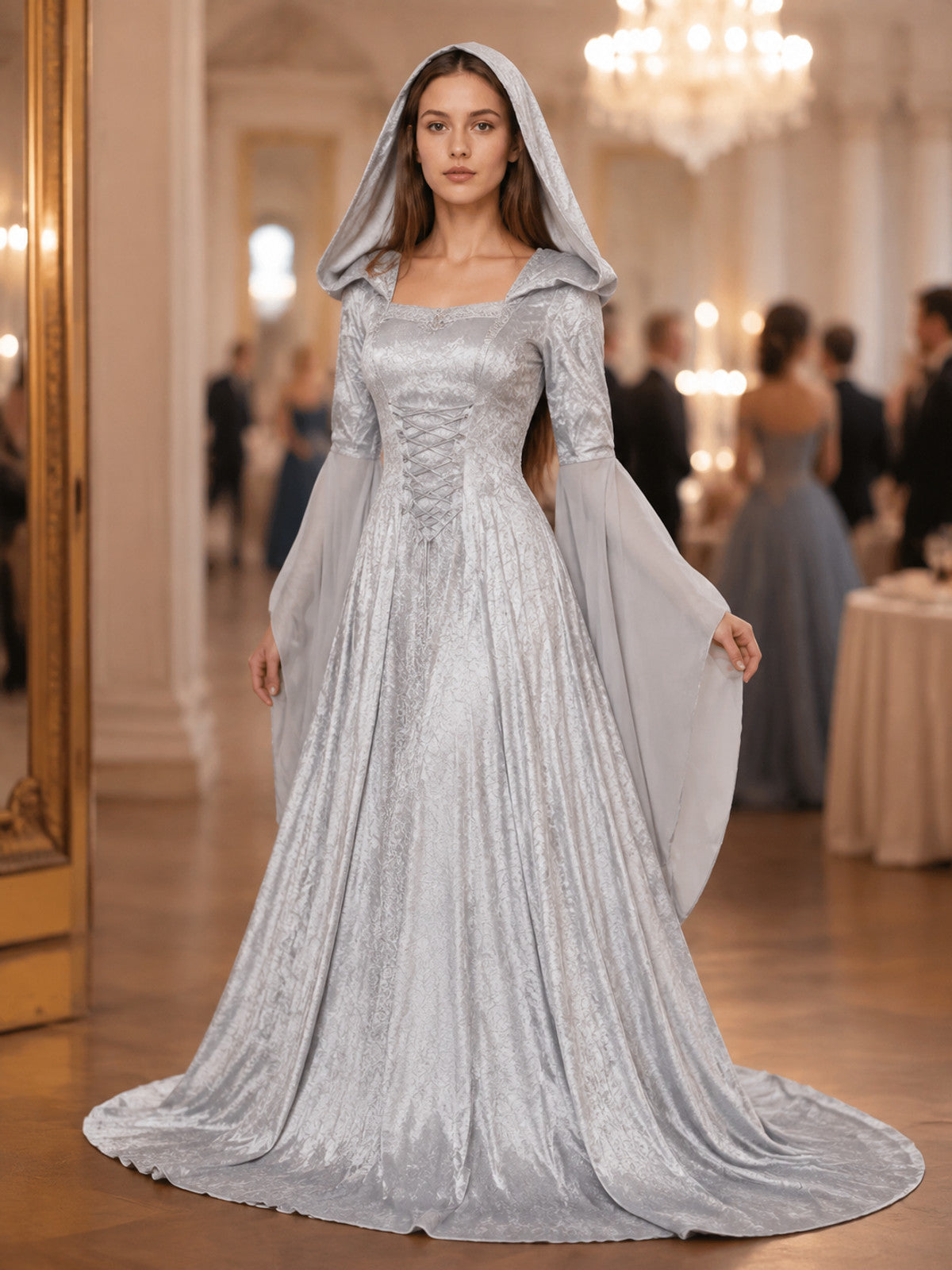 Medieval Gray Hooded Dress with Train lifestyle view