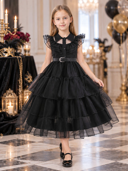 Black Dressy Dress with a Collar and Full Skirt lifestyle view