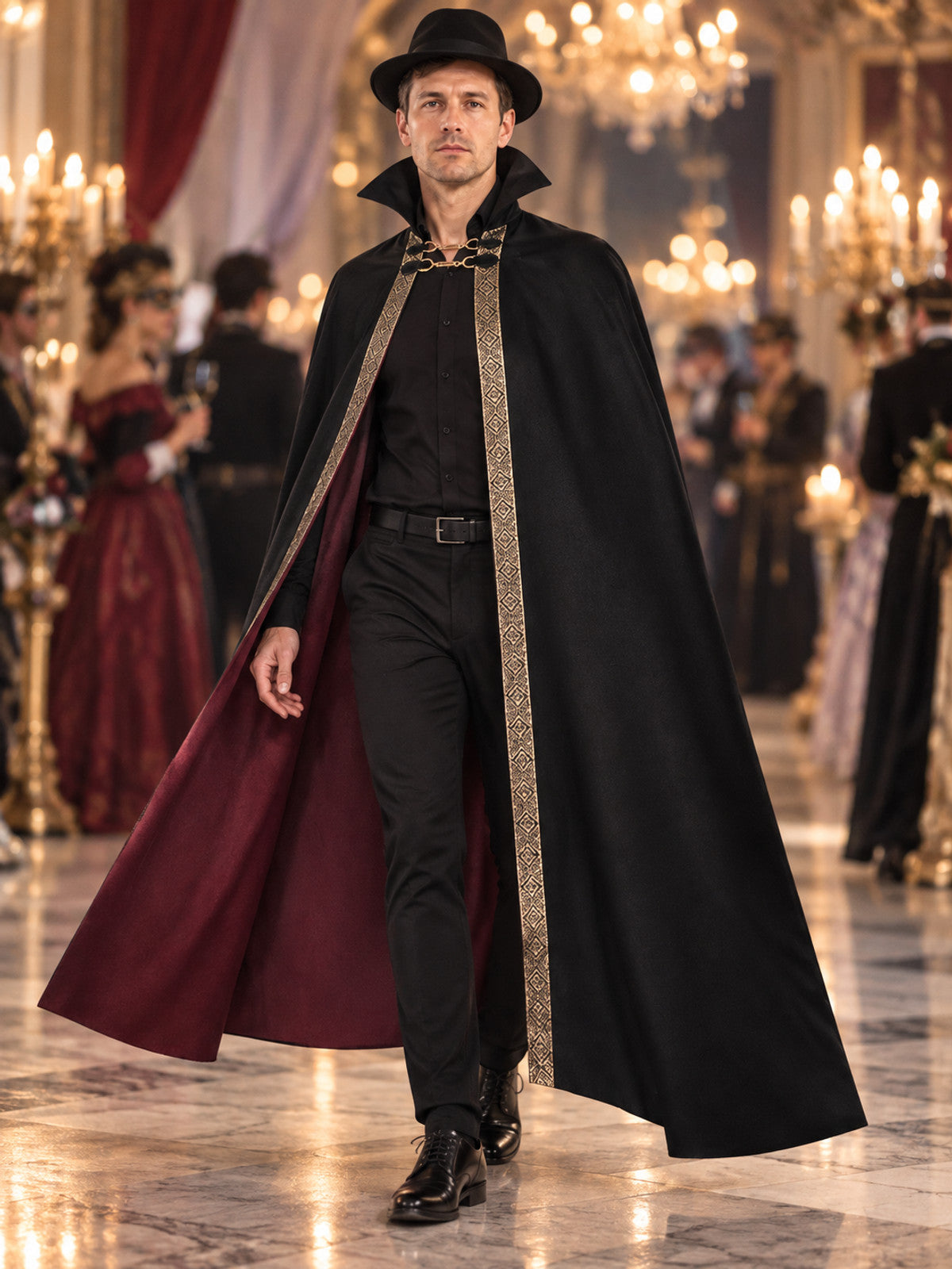 Cape Cloak with Burgundy Lining and High Collar lifestyle view