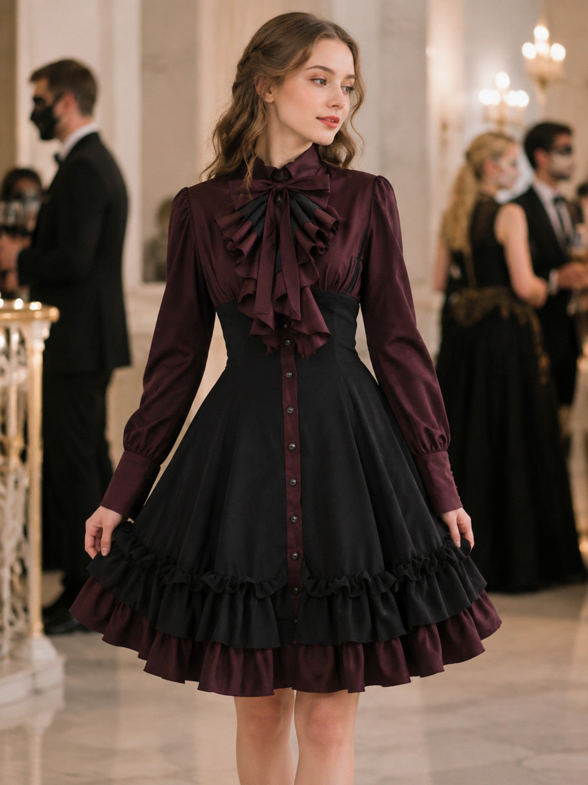 Gothic Dress with Bow, Ruffles, and High Collar lifestyle view