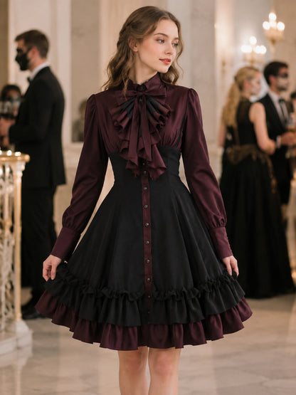 Gothic Dress with Bow, Ruffles, and High Collar lifestyle view