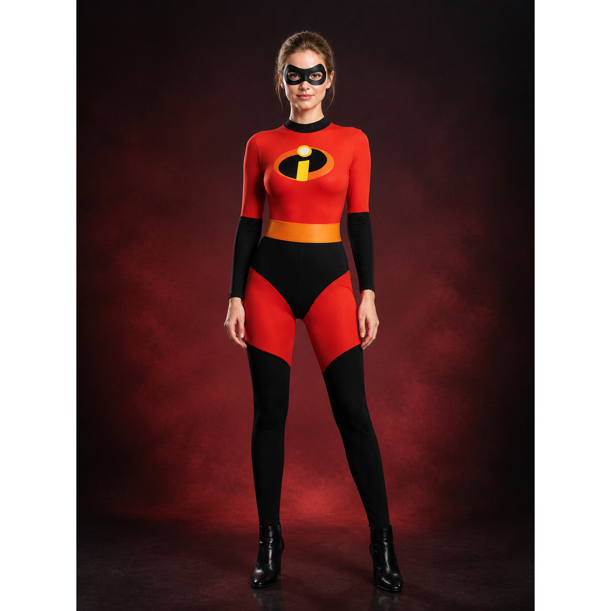 Kids Superhero Costume, Red-Black Bodysuit With Gold Belt and Chest Badge for main product view