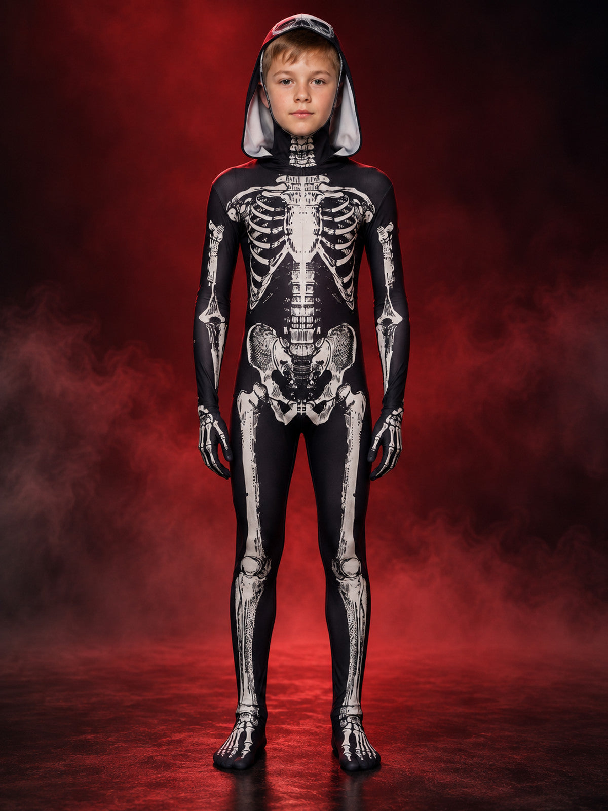 Skeleton Costume: Black Hooded Jumpsuit with Print