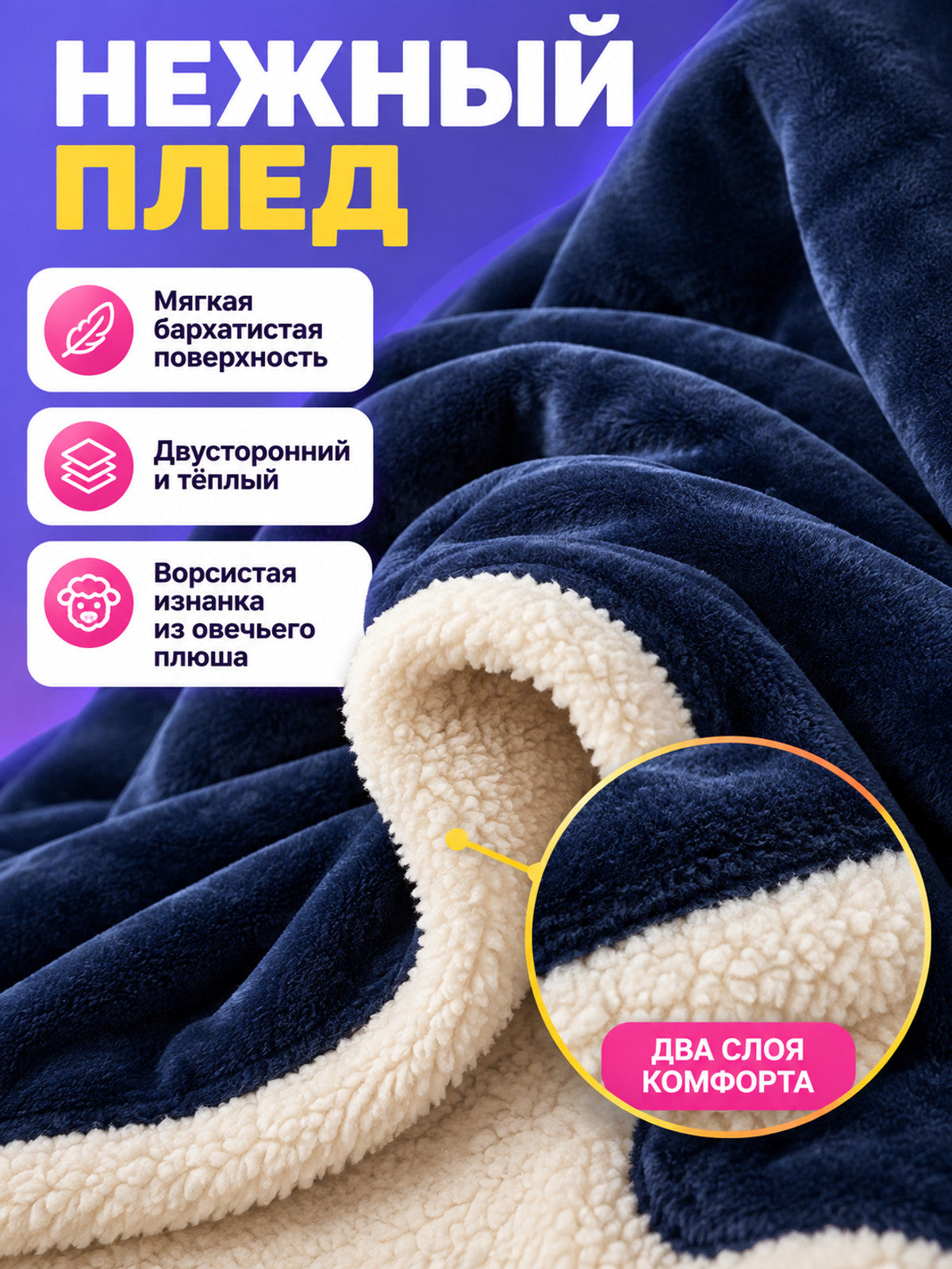 Reversible Throw Blanket, Dark Blue with Cream Reverse