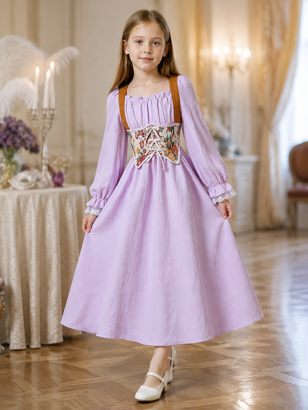 Lavender Dress for Girls with a Corset Panel lifestyle view