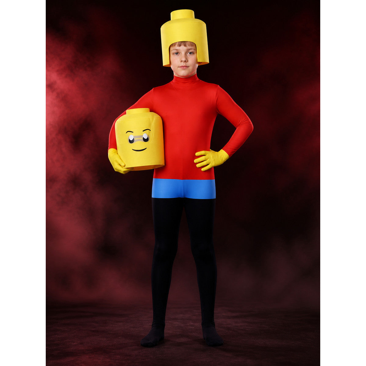 Block Figure Bodysuit Costume with Headpiece, Red Blue Black Printed Halloween main product view