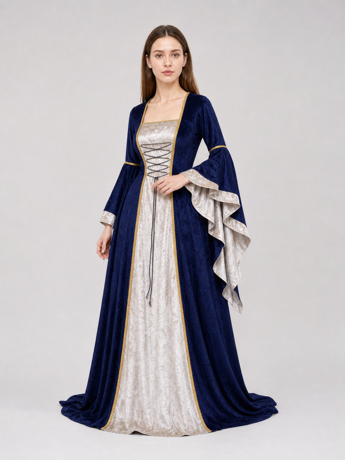 A Gothic medieval-style dress made of textile fabric, featuring a floor-length