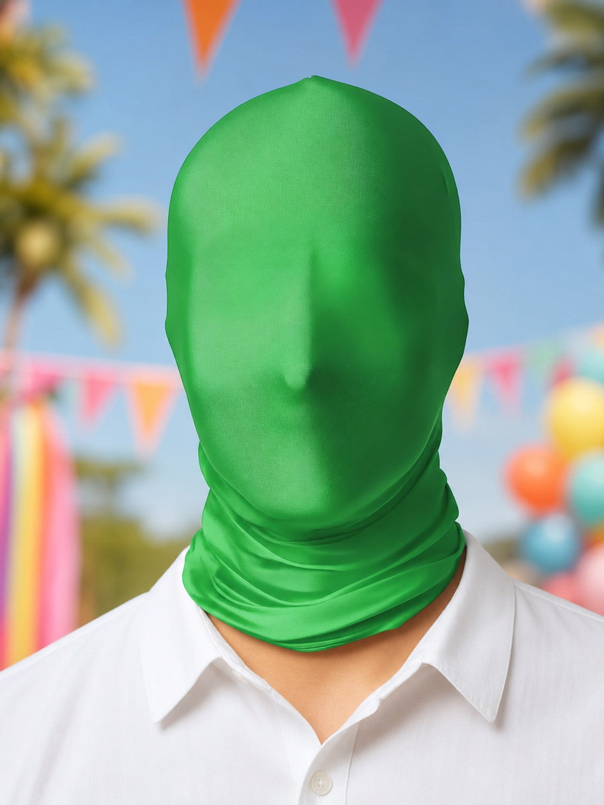 Green full-face stretch fabric mask shown on a person in a colorful outdoor carnival scene