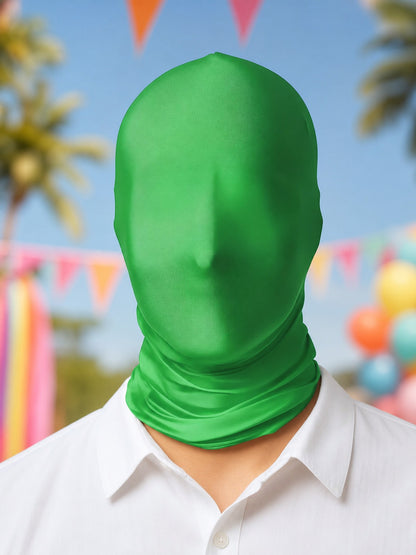 Green full-face stretch fabric mask shown on a person in a colorful outdoor carnival scene
