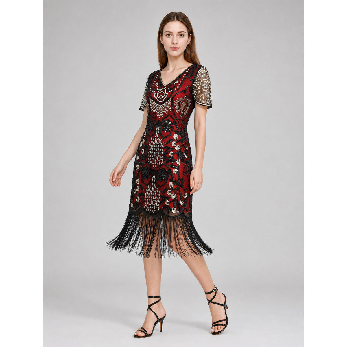 Flapper-Style Dress with Sequins and Fringe