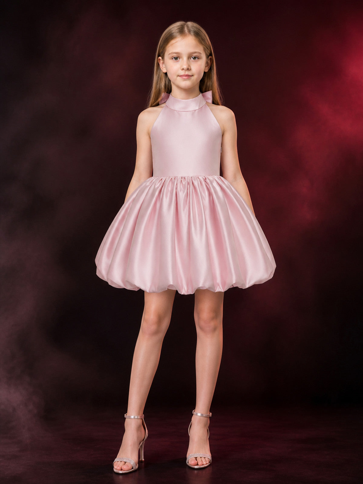 Girls' Pink Satin Halter Princess Dress, Sleeveless Bow Puffy Skirt, Sizes 4Y-8Y main product view