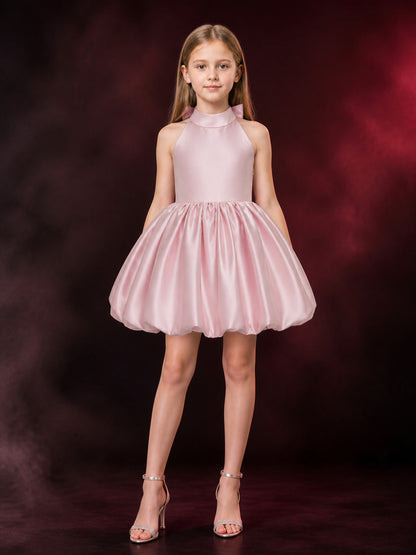 Girls' Pink Satin Halter Princess Dress, Sleeveless Bow Puffy Skirt, Sizes 4Y-8Y main product view