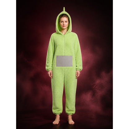 Adult Funny Cartoon Character Light Green Hooded Jumpsuit with Antenna and Gray main product view