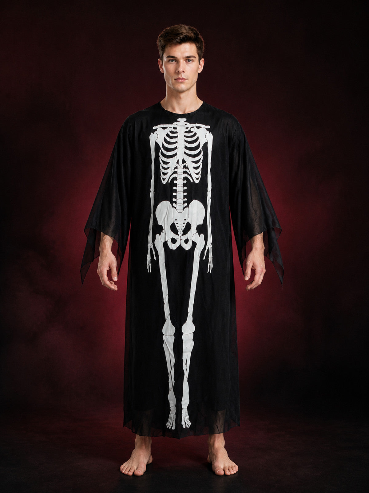 Skeleton Jumpsuit Costume, Long Black And White Draped-Sleeve Halloween Outfit main product view
