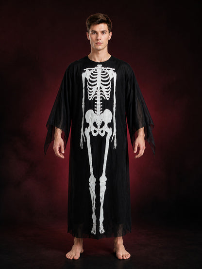 Skeleton Jumpsuit Costume, Long Black And White Draped-Sleeve Halloween Outfit main product view