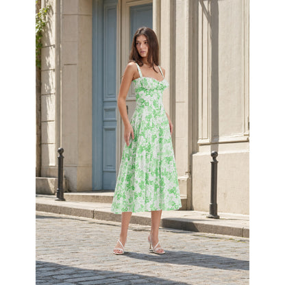 Women's Summer Midi Dress with Thin Straps and Floral Print
