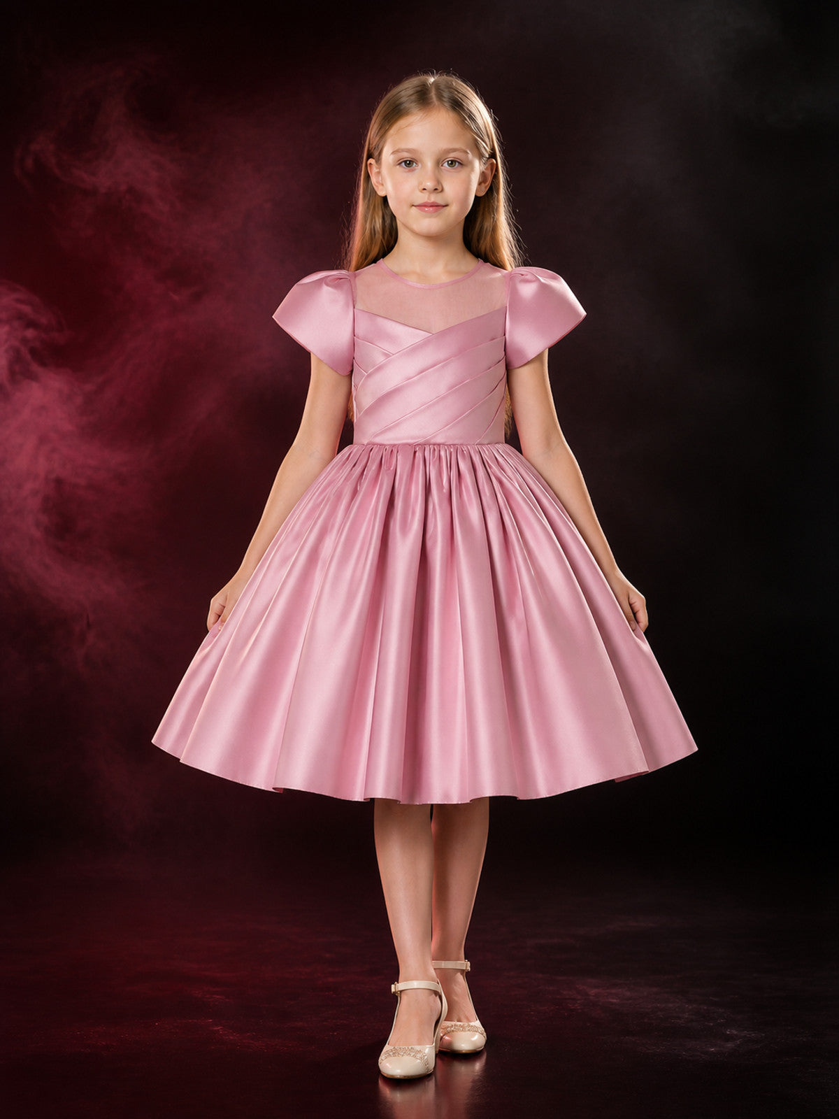 Girls' Pink Satin Princess Dress, Lace Square Neck, Short Sleeves, Full Skirt main product view