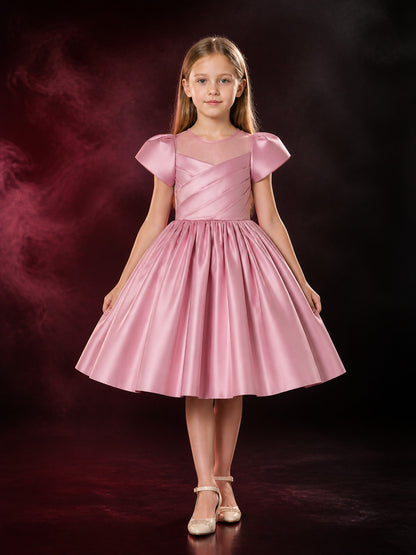 Girls' Pink Satin Princess Dress, Lace Square Neck, Short Sleeves, Full Skirt main product view