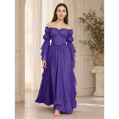 Purple off-the-shoulder dress in a historical style