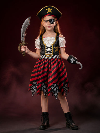 Kids Pirate Costume Dress Set with Skull Print, Hat, Eye Patch, Sword & Hook for