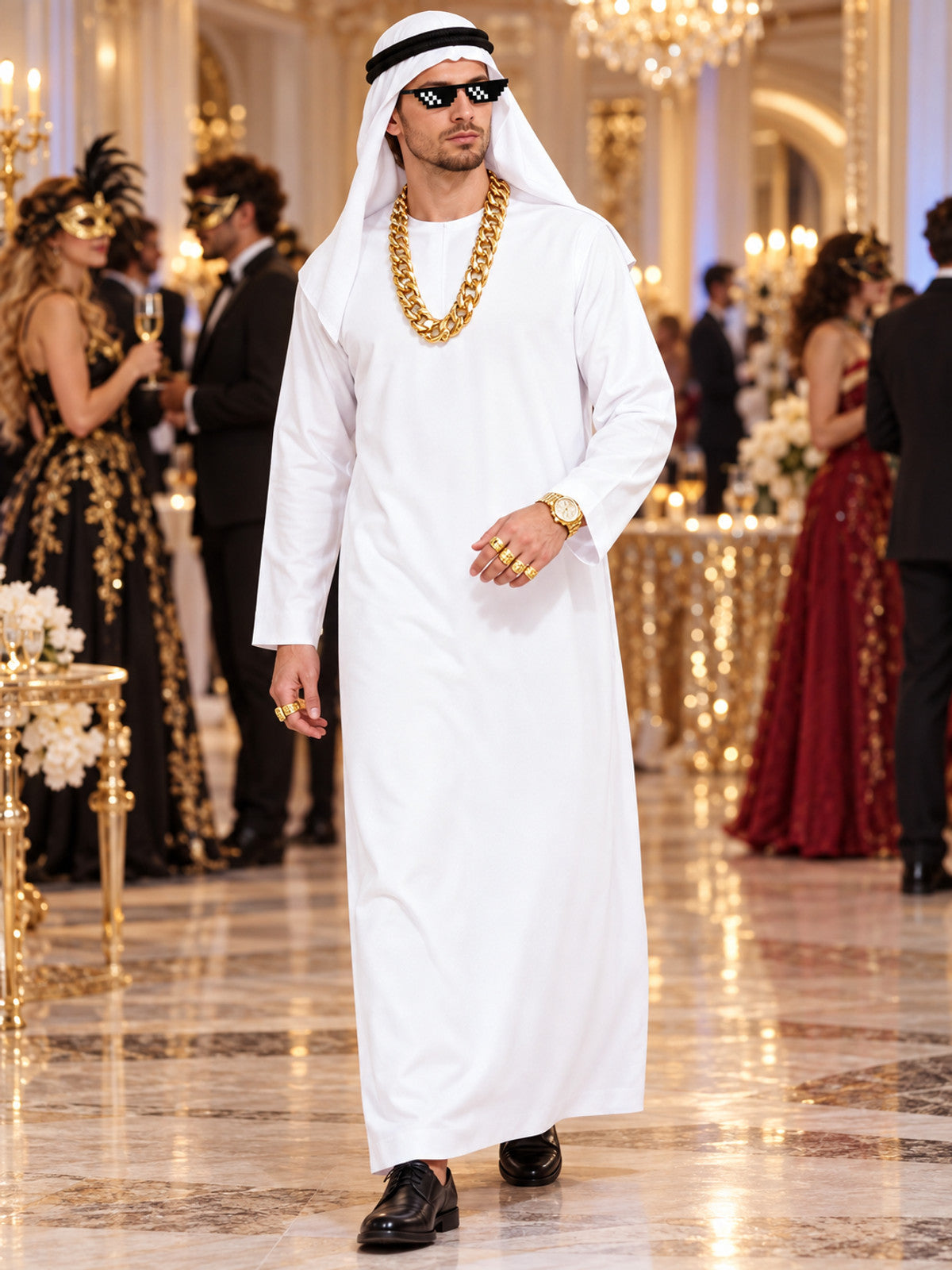 Traditional white shirt with headwear and glasses