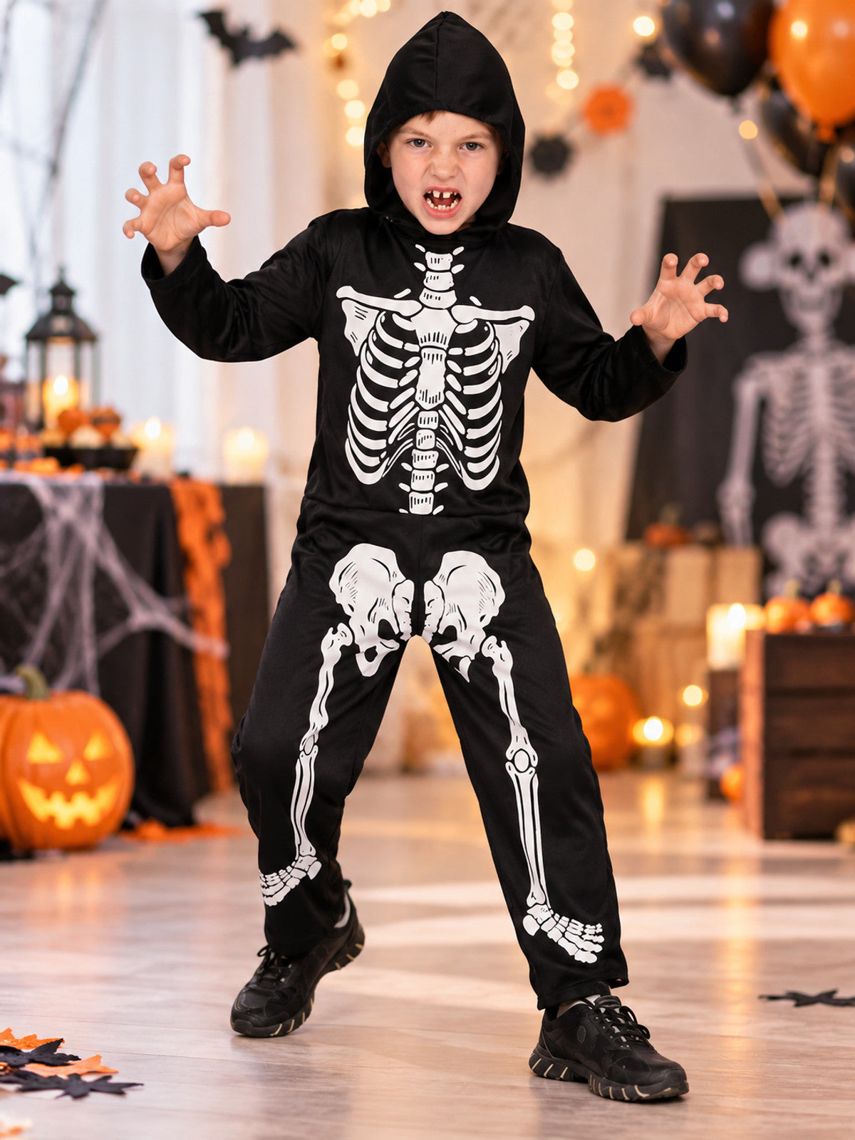 Kids' Skeleton Halloween Costume Black with Hood
