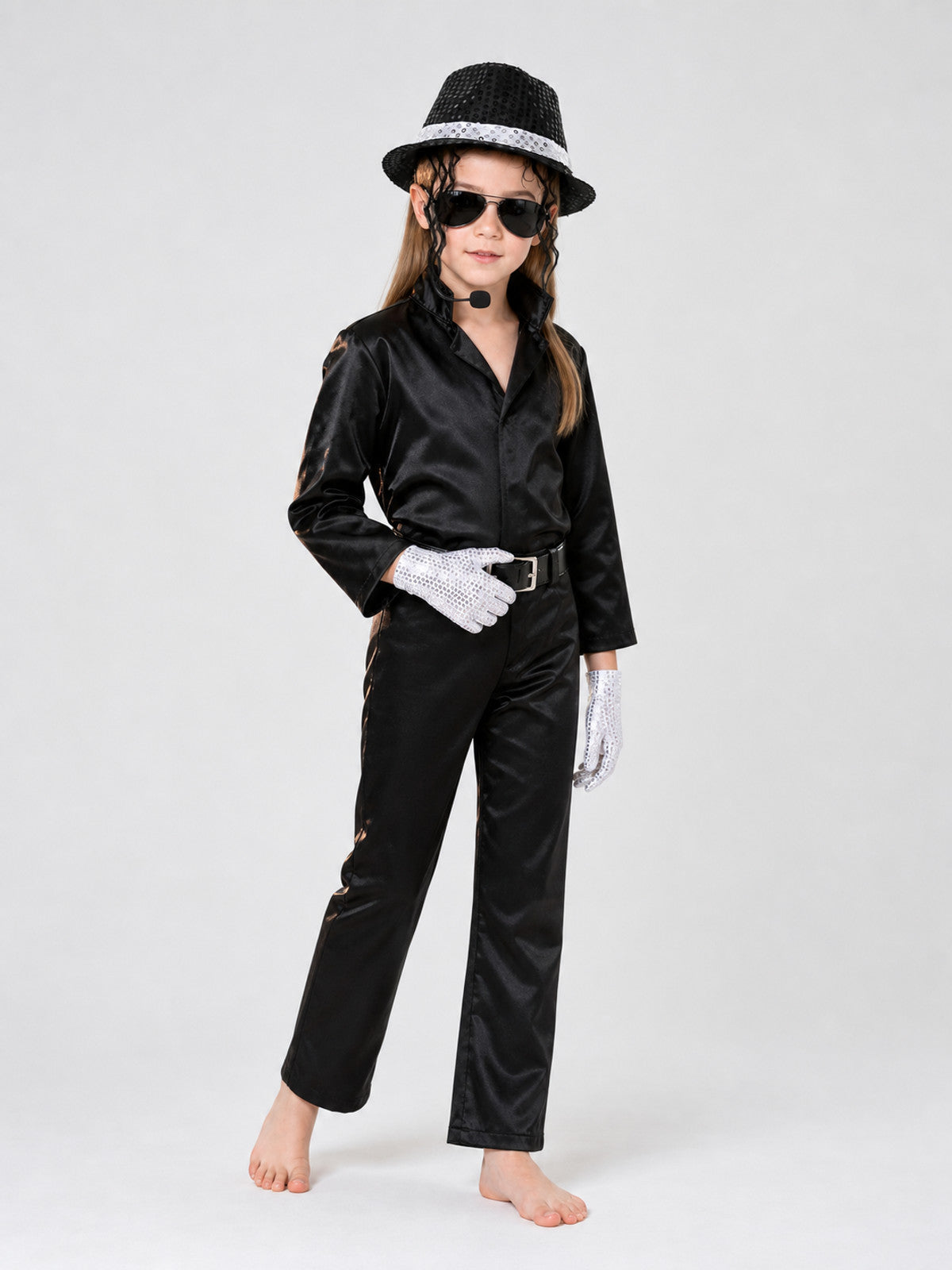 Black satin-look costume outfit on a child model wearing a sequin fedora, sunglasses, white gloves, and loose hair strands