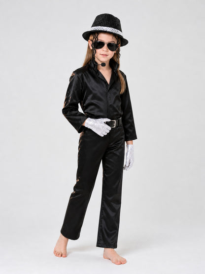 Black satin-look costume outfit on a child model wearing a sequin fedora, sunglasses, white gloves, and loose hair strands