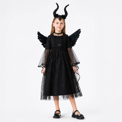 Children's Halloween Dress with Wings and Horns on-model front view