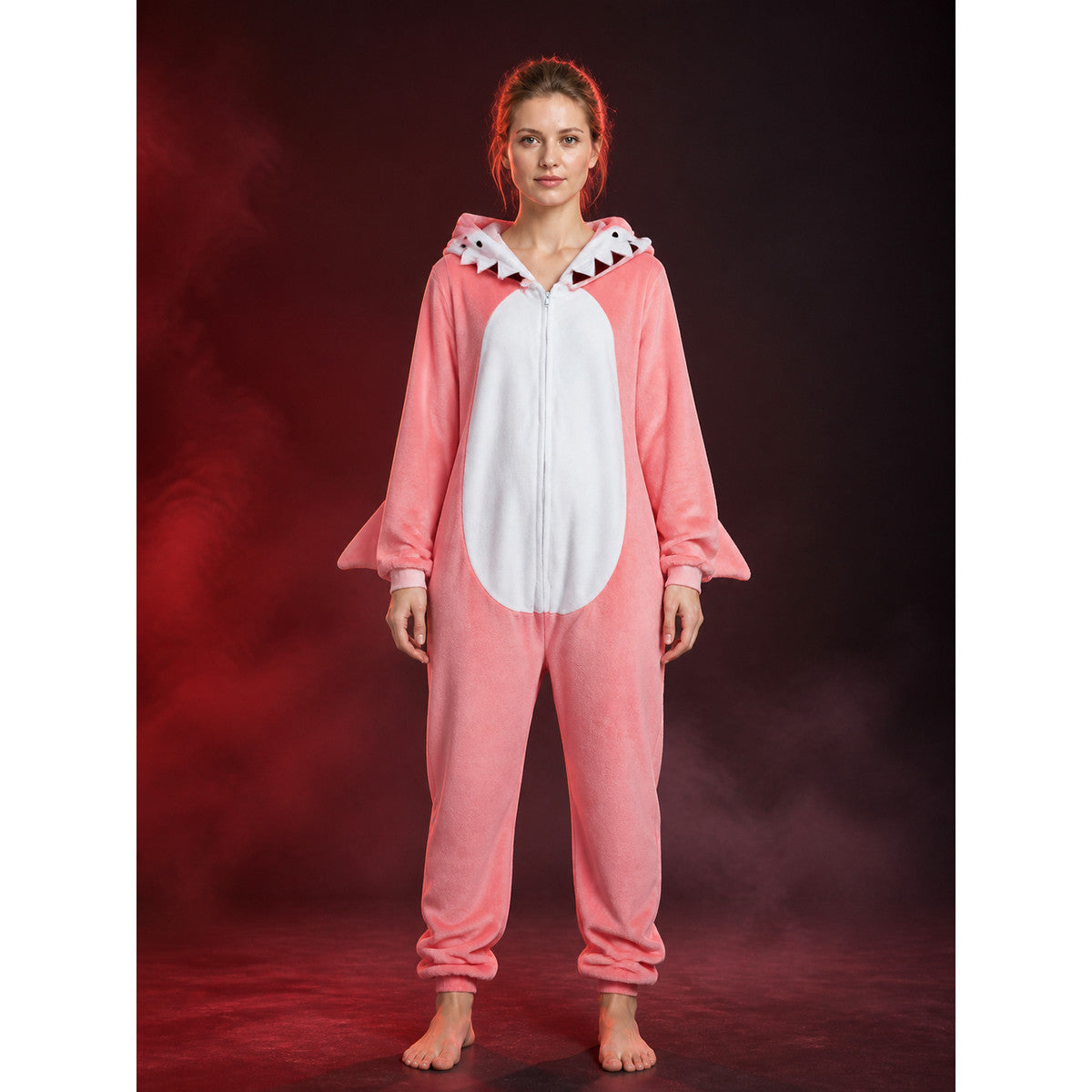 Pink And White Animal Hooded Zipper Jumpsuit Costume main product view