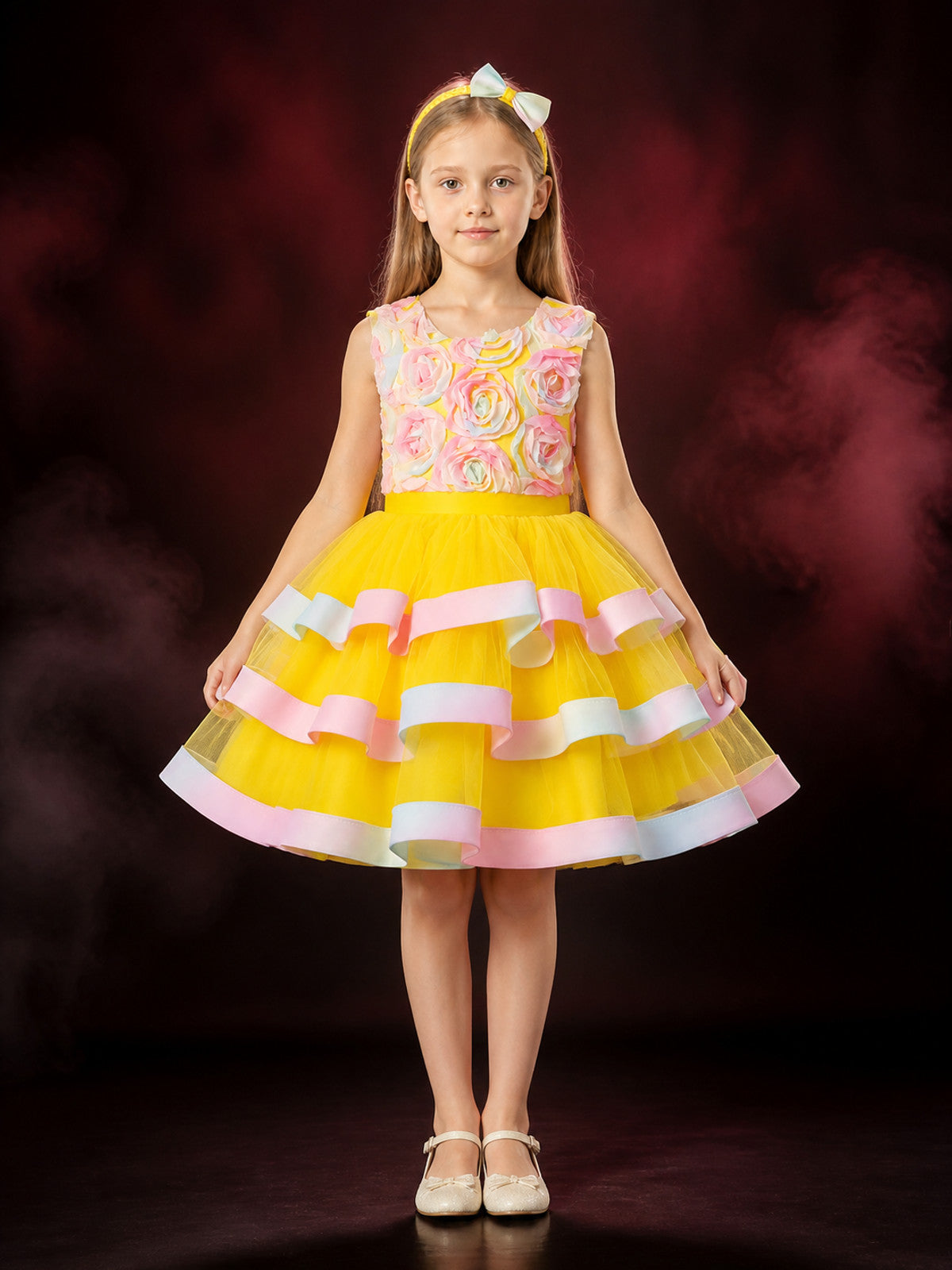 Girls' Princess Dress, Layered Tulle Cake Skirt With Rose and Bow Details