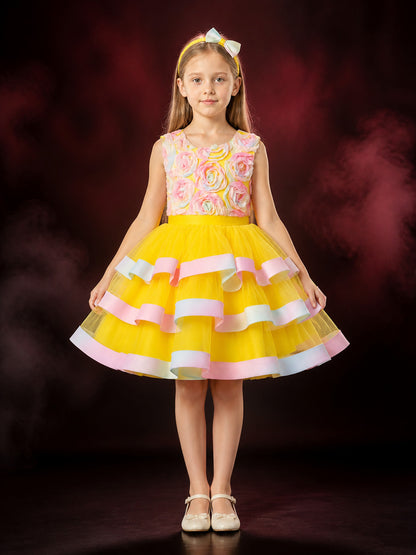 Girls' Princess Dress, Layered Tulle Cake Skirt With Rose and Bow Details
