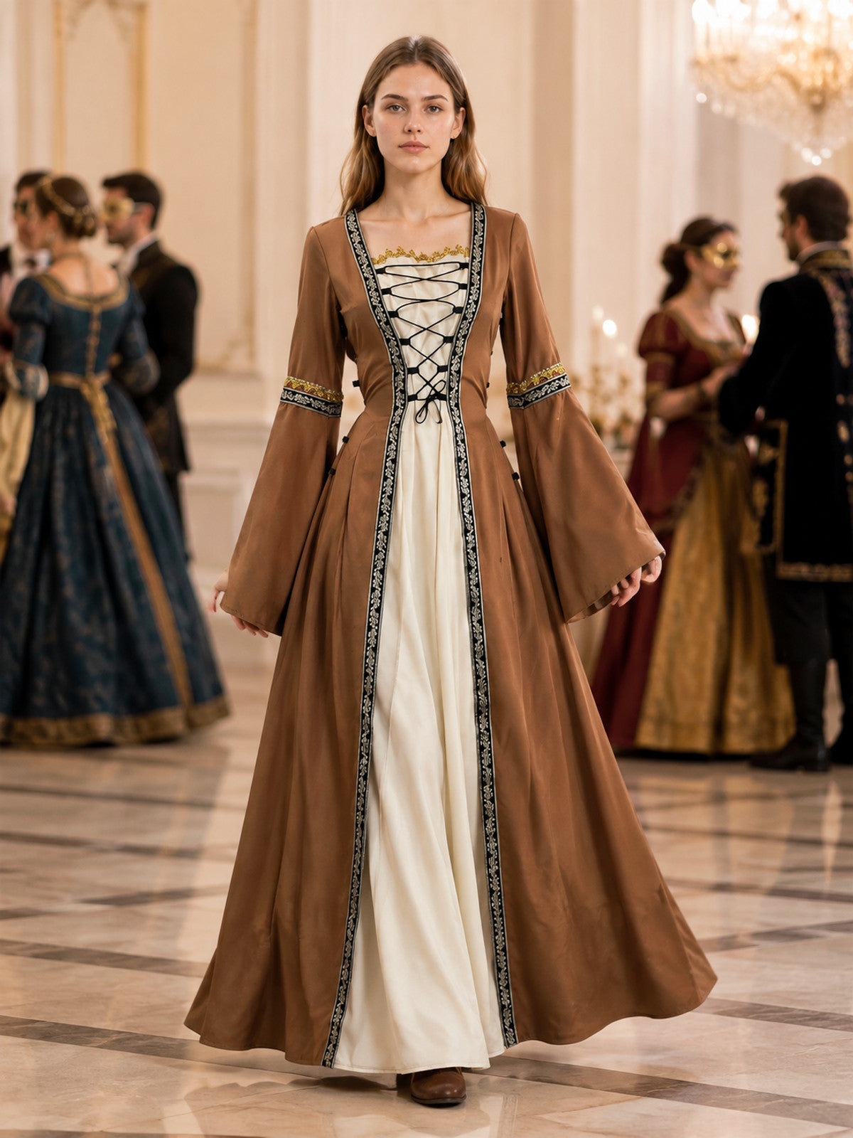 Medieval Floor-Length Dress with Cream Insert and Lacing lifestyle view