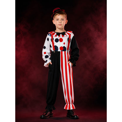 Men's Clown Costume Set, Asymmetric Striped Pants & Vest, Bow Tie, Hat main product view