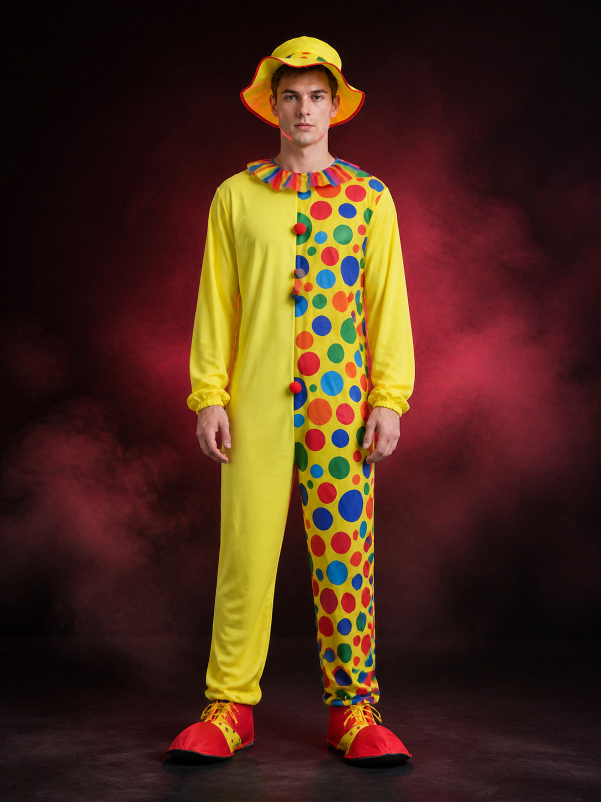 Adult Unisex Clown Costume Jumpsuit with Multicolor Polka Dots and Hat for main product view