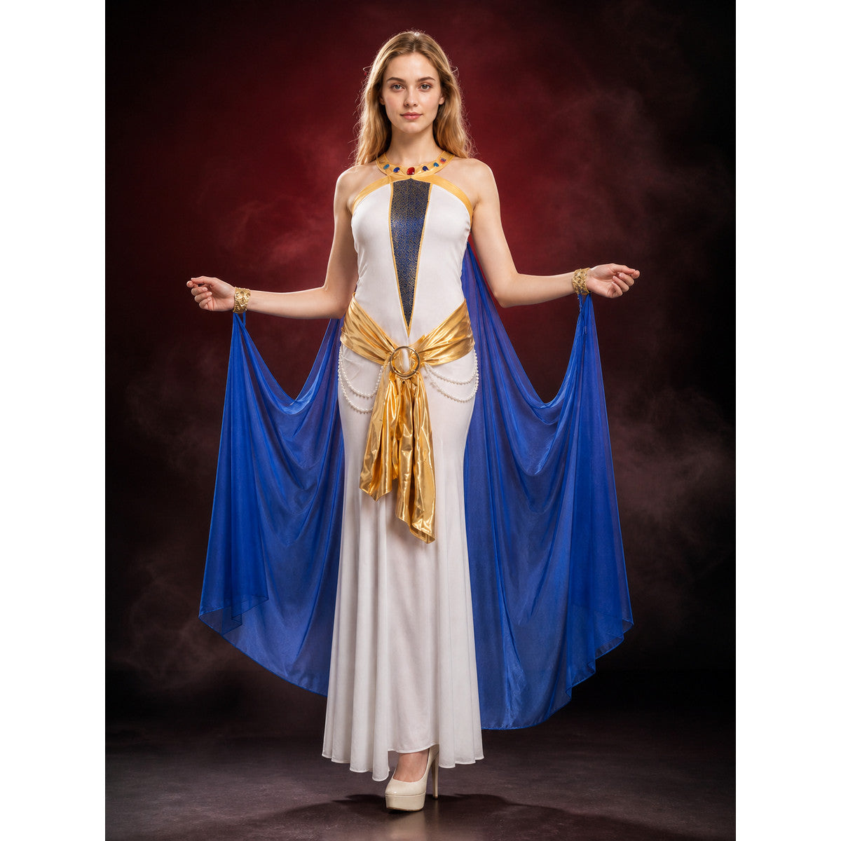 Cleopatra Egyptian Costume Robe Set with Belt and Blue Shoulder Scarf main product view
