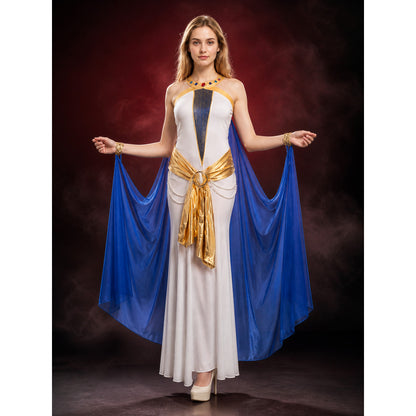 Cleopatra Egyptian Costume Robe Set with Belt and Blue Shoulder Scarf main product view
