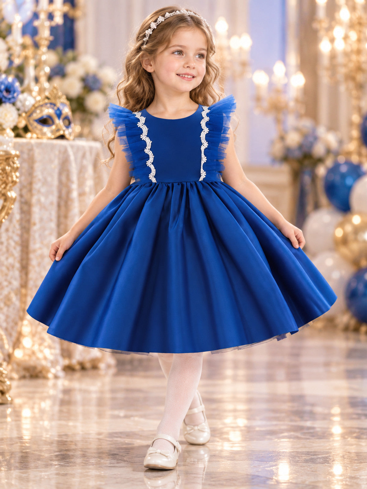 Bright Blue Children's Formal Dress with Bow and Lace