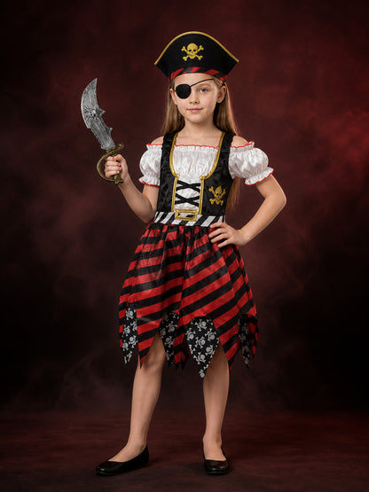 Kids Pirate Costume Dress Set with Hat, Sword & Eye Patch, Red Black Striped main product view