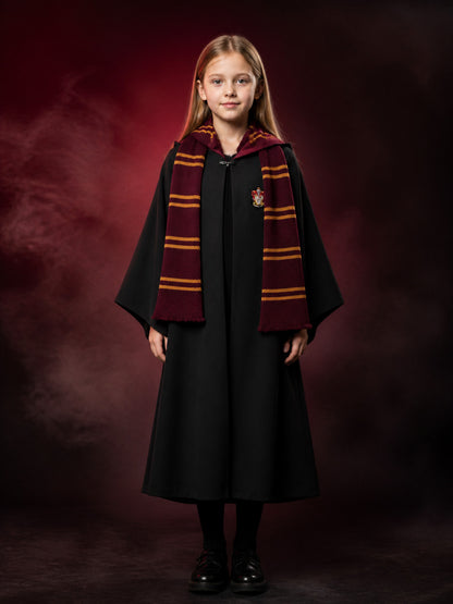Kids Wizard Robe Costume Set with Striped Scarf, Black, Red and Gold
