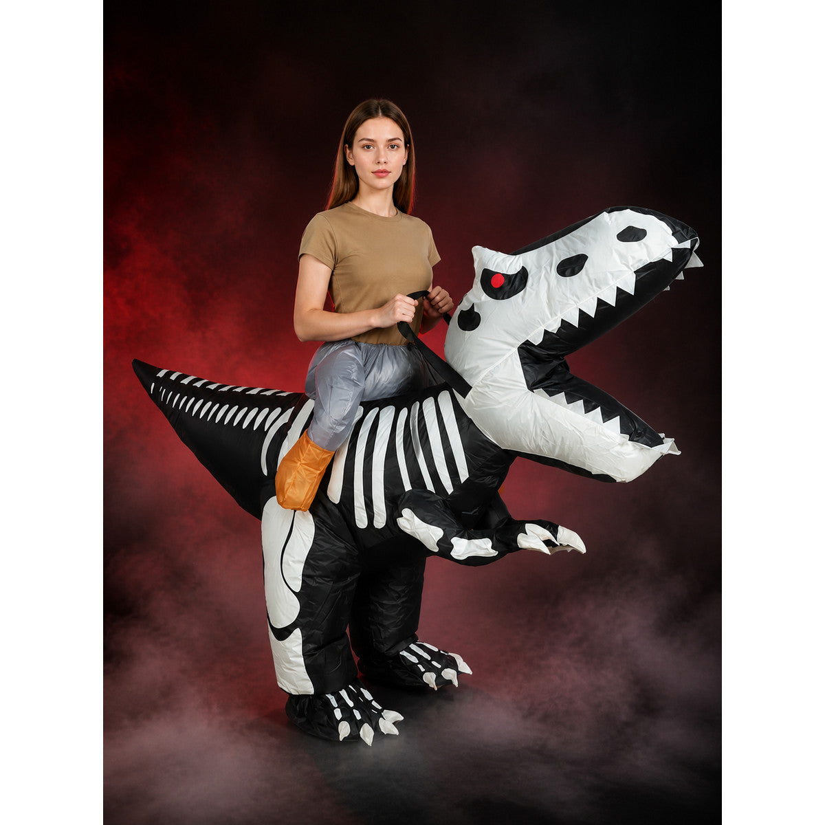 Adult Inflatable Dinosaur Costume, Black and White Skeleton Print for Halloween main product view
