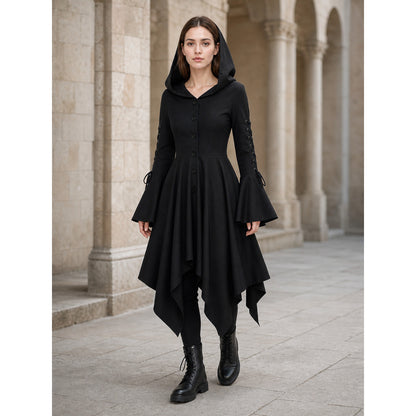 Gothic Hooded Dress with an Asymmetrical Hem