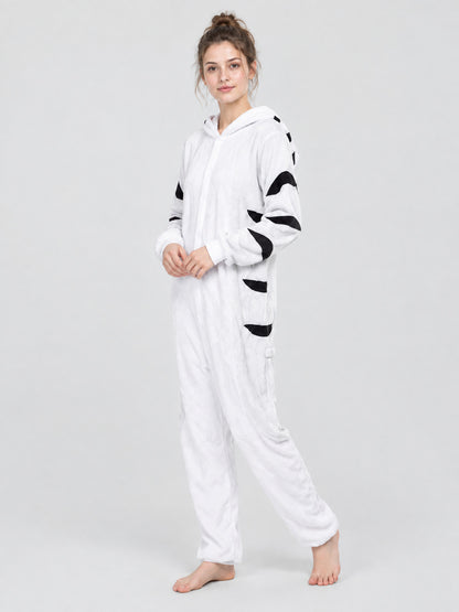 Pajama Jumpsuit White with Black Spots and Hood