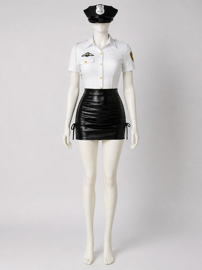 Women's Sexy Police Officer Costume Set - White Top & Black Skirt with Gold main product view