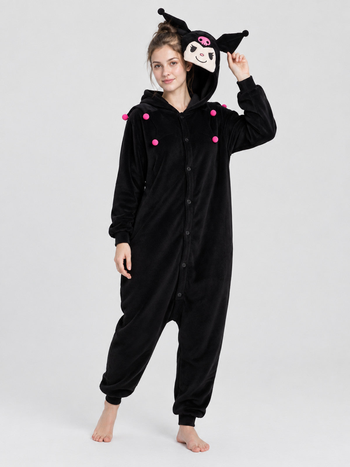 Black Fleece Hooded Pajama Jumpsuit with Ears