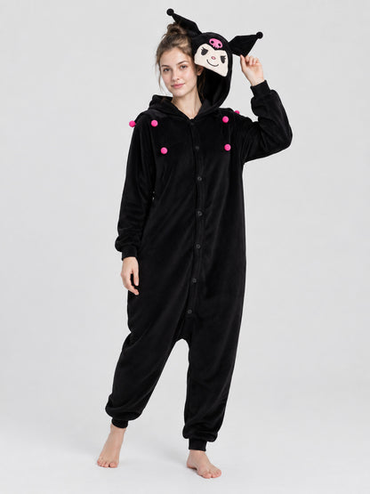 Black Fleece Hooded Pajama Jumpsuit with Ears