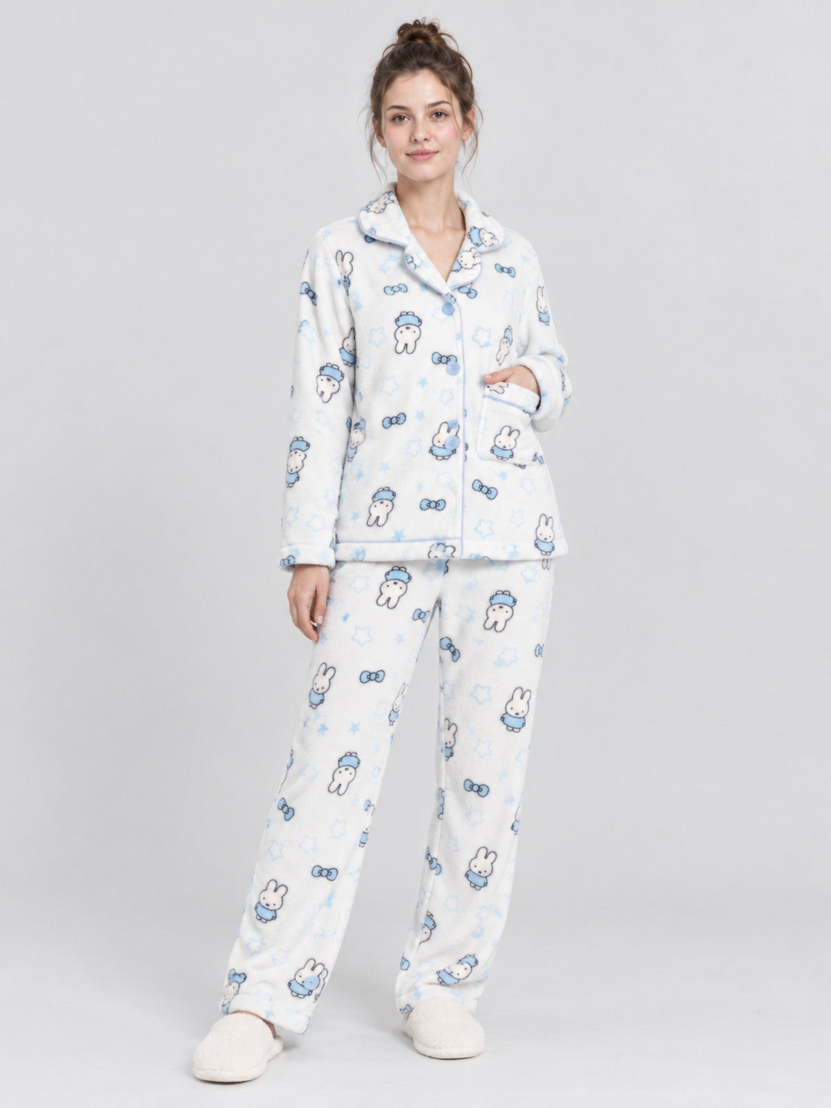 Flannel Pajama Set with Bunny and Bow Print