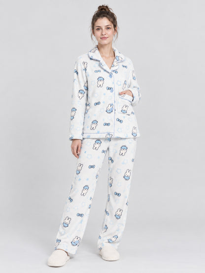 Flannel Pajama Set with Bunny and Bow Print