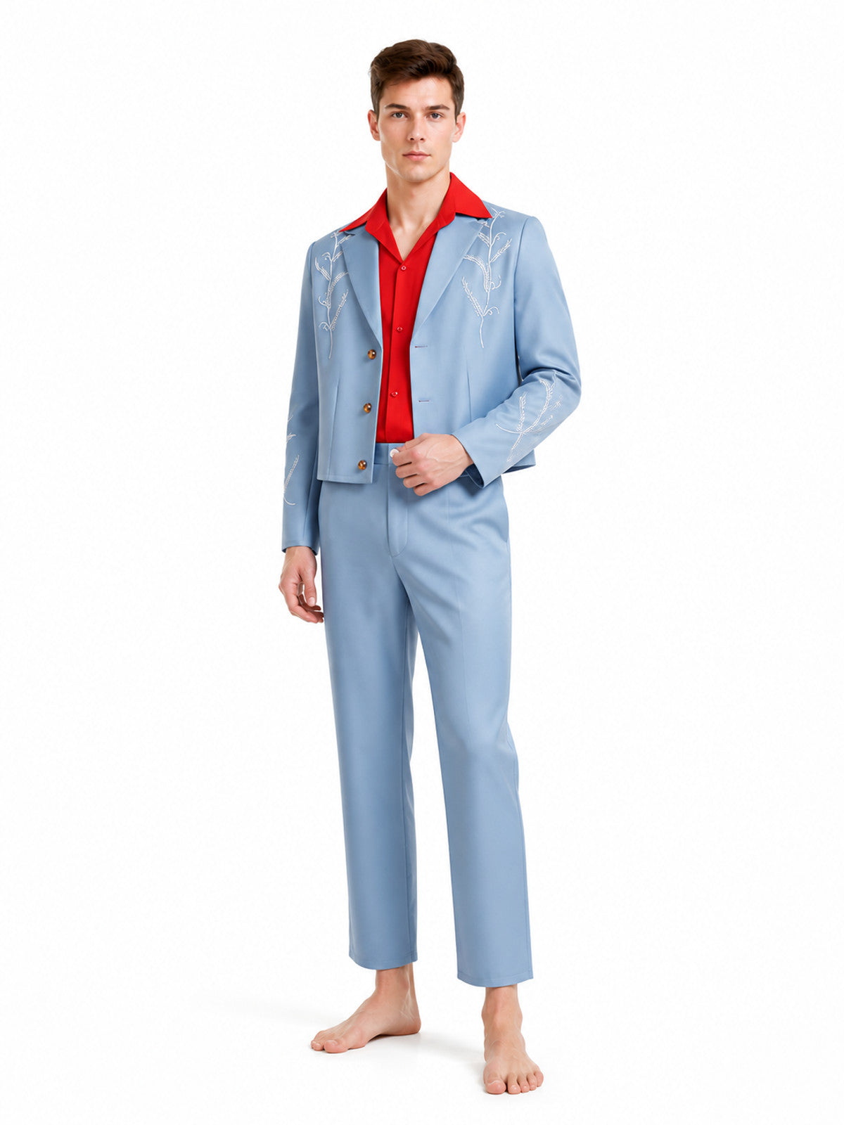 Three-piece suit with embroidery, light blue with a red shirt product detail